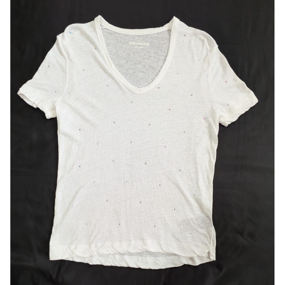 Zadig & Voltaire Wassa Dots Strass Rhinestone White T-Shirt Women's Small S